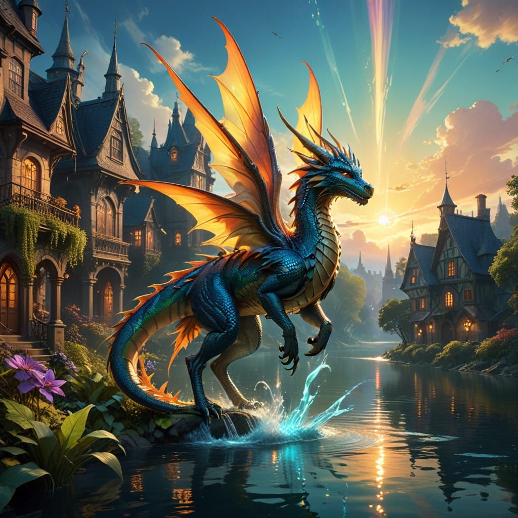 Enchanted Fairies Ride Dragons Over Victorian River Village....