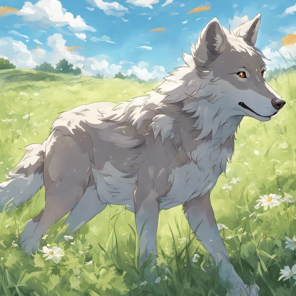 Cute Wolf in Grassy Field: Anime Art