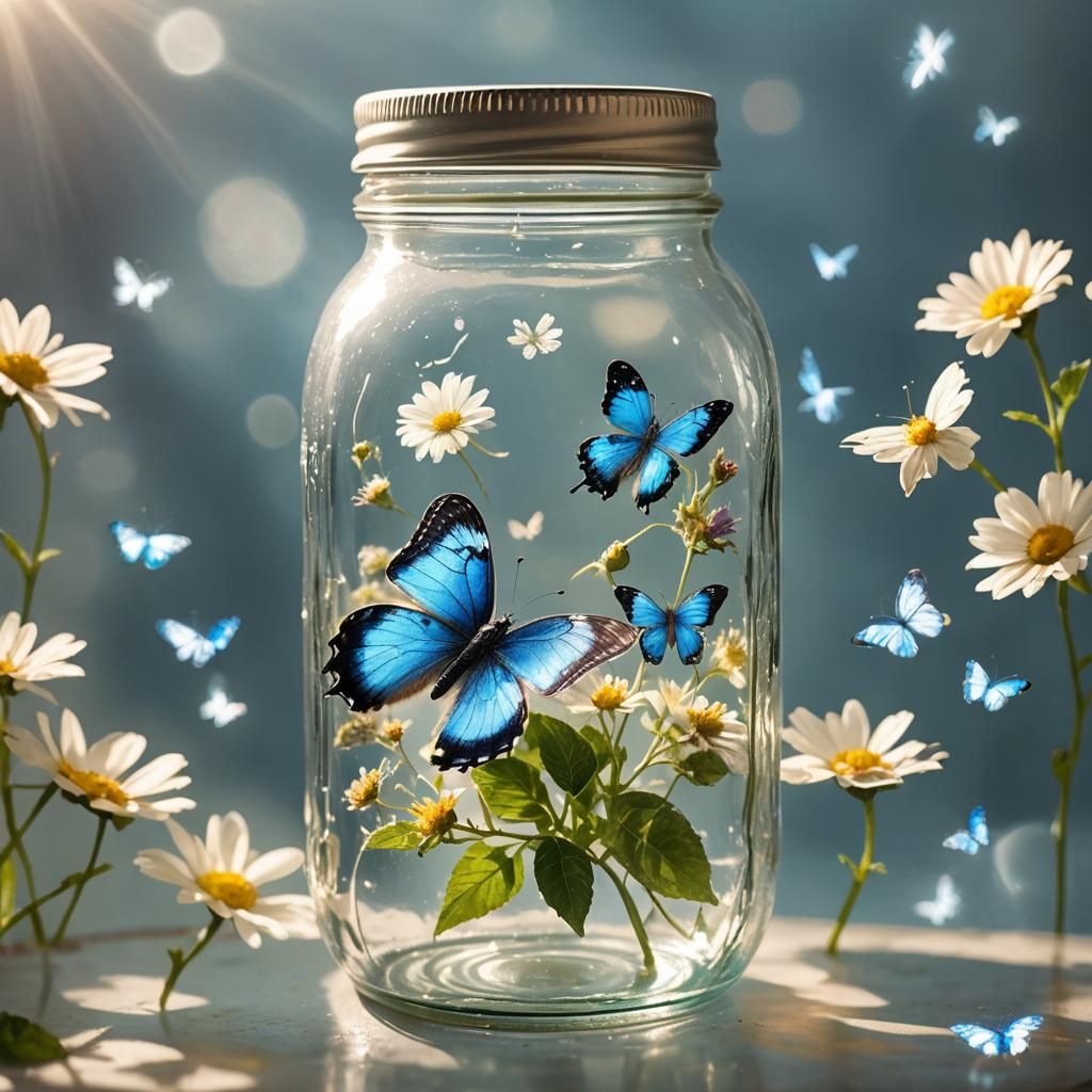 Blue Butterfly in Mason Jar, Soft Focus