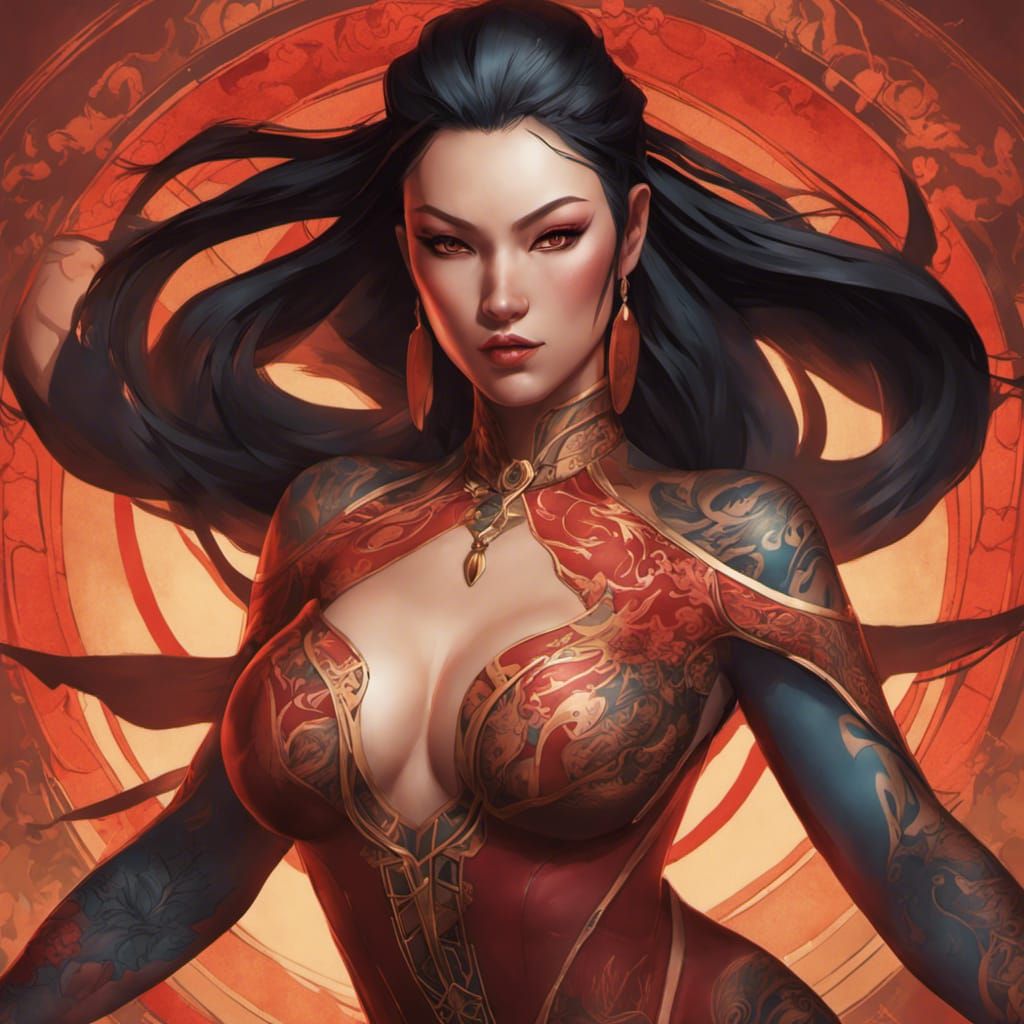 Tattooed Woman in Bodysuit: Detailed Digital Render