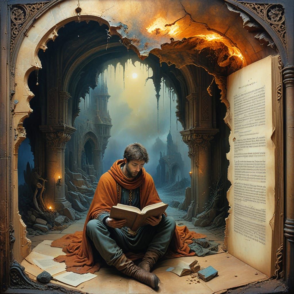 Secret Reading Room Inside Old Book, Watercolour