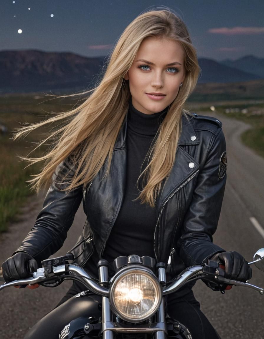 Motorcycle Beauty Under Starry Night, Photorealistic Portrai...