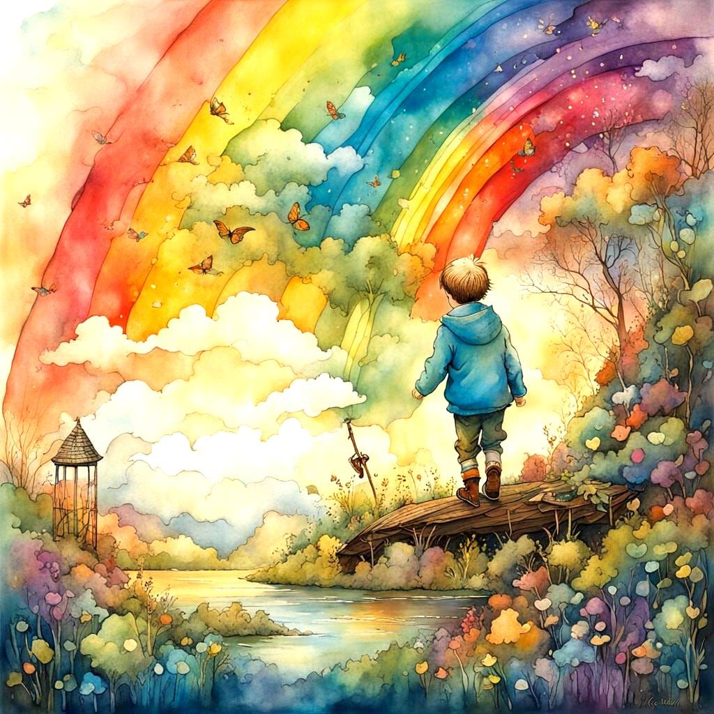 Child Plays Under Fantasy Rainbow: Surreal Illustration