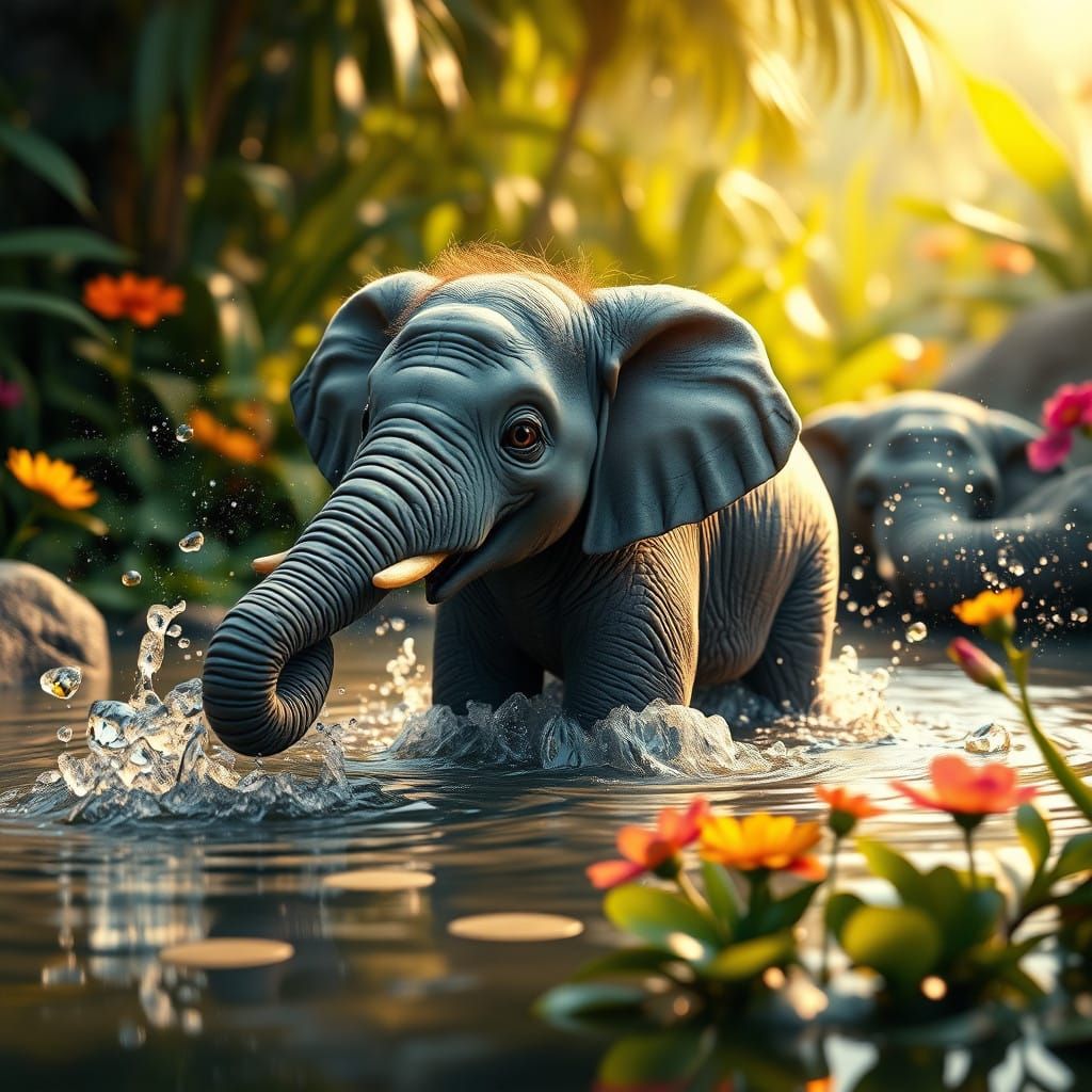 Surreal Jungle Scene of Baby Elephant at Play