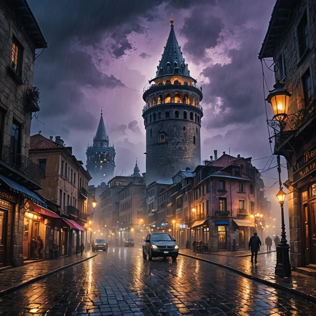 Galata Tower in Istanbul in Oil Painting Style