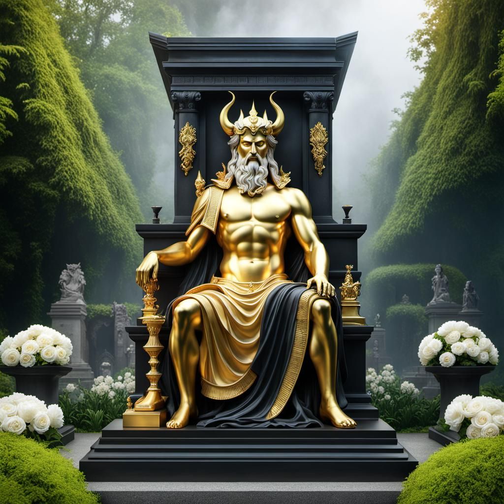 Iron metal and gold mausoleum: gold statue of Hades intricately detailed, Black metal hellenistic fireplace with fire, R...