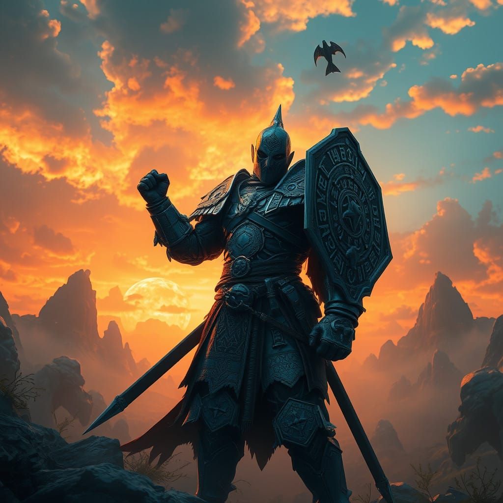 Hero in Timeless Armor Amidst a Dreamlike Realm