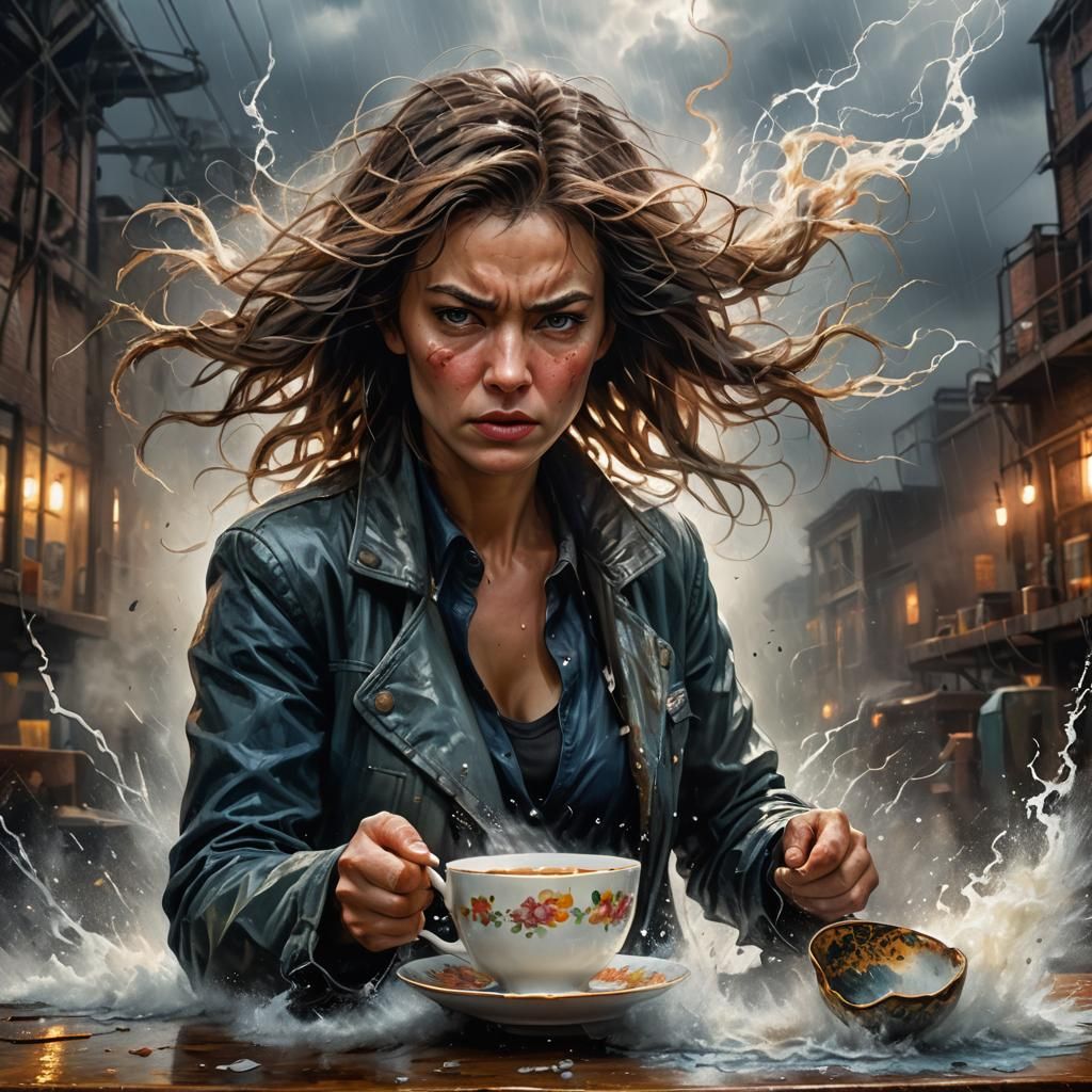 Furious Woman Hefts Teacup in Hyper-Realistic Style