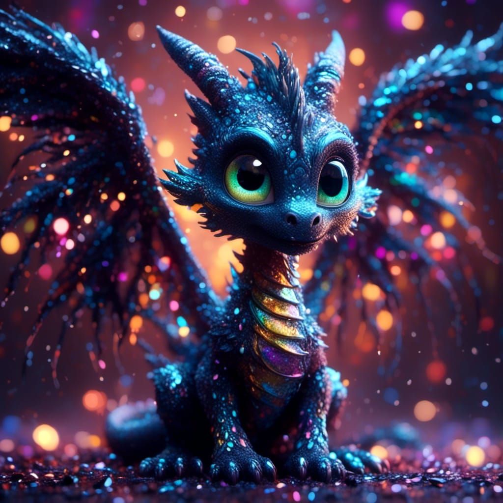 Iridescent Chibi Dragon with Large Wings, 3D Digital Art