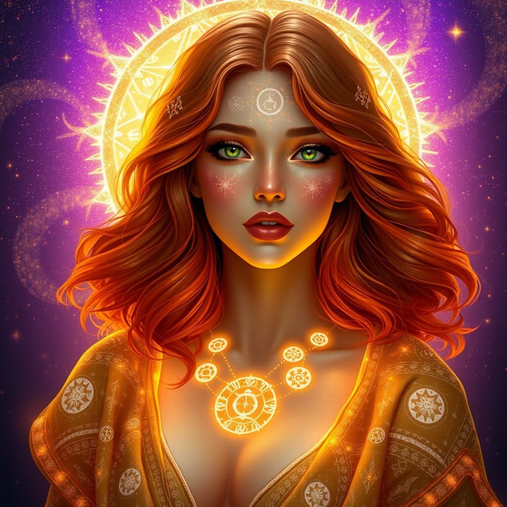 Ethereal Goddess with Celestial Symbols and Shimmering Red H...