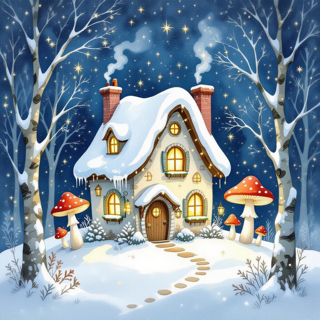 Whimsical Fairy House in Snowy Woods Watercolor Illustration