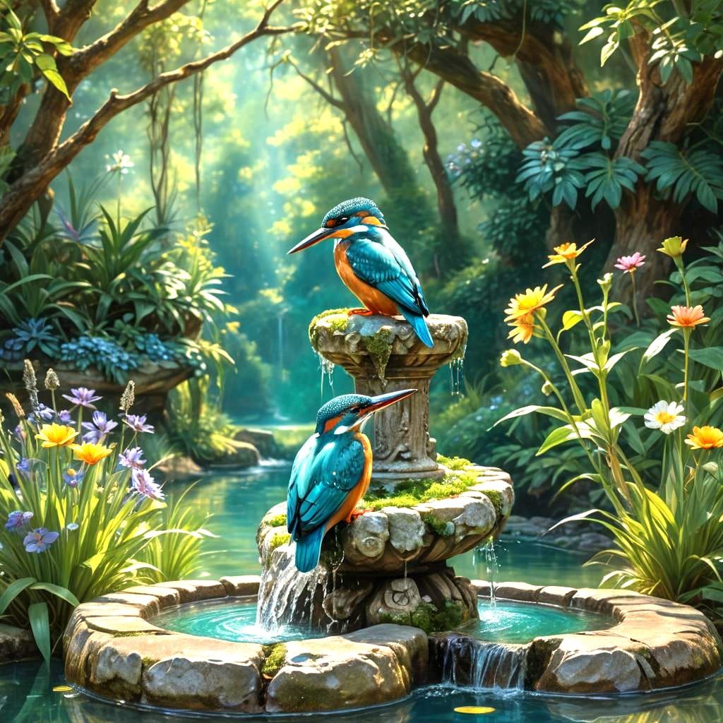 Kingfisher at Stone Fountain in Forest Clearing
