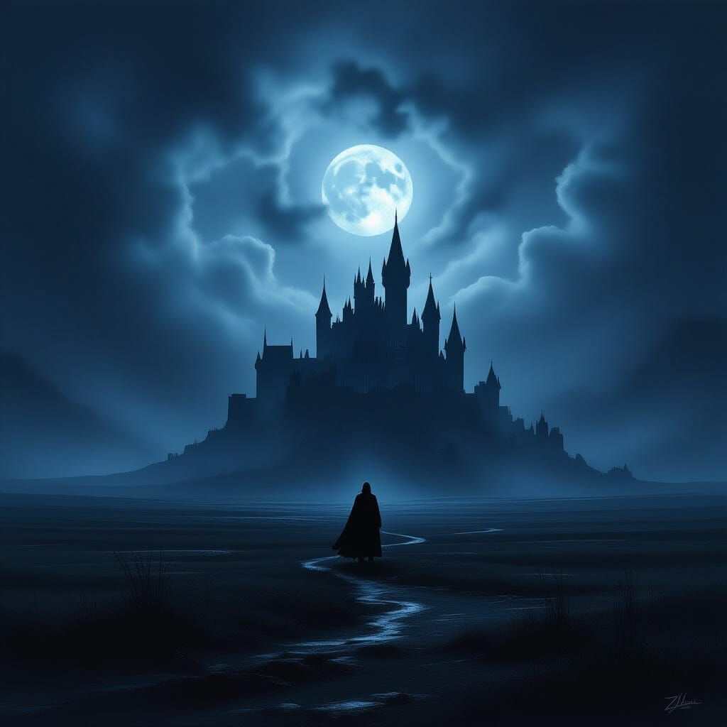Gothic Castle Silhouette Under Misty Dark Night Sky