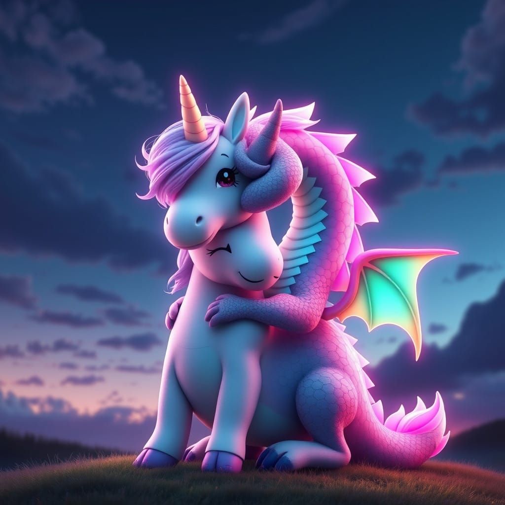 Whimsical Unicorn Hugs a Majestic Neon Dragon