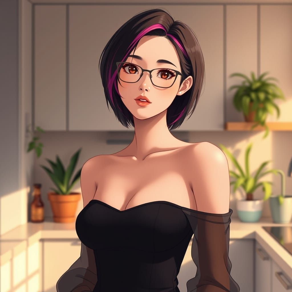 Sensual Young Woman in Cozy Modern Kitchen