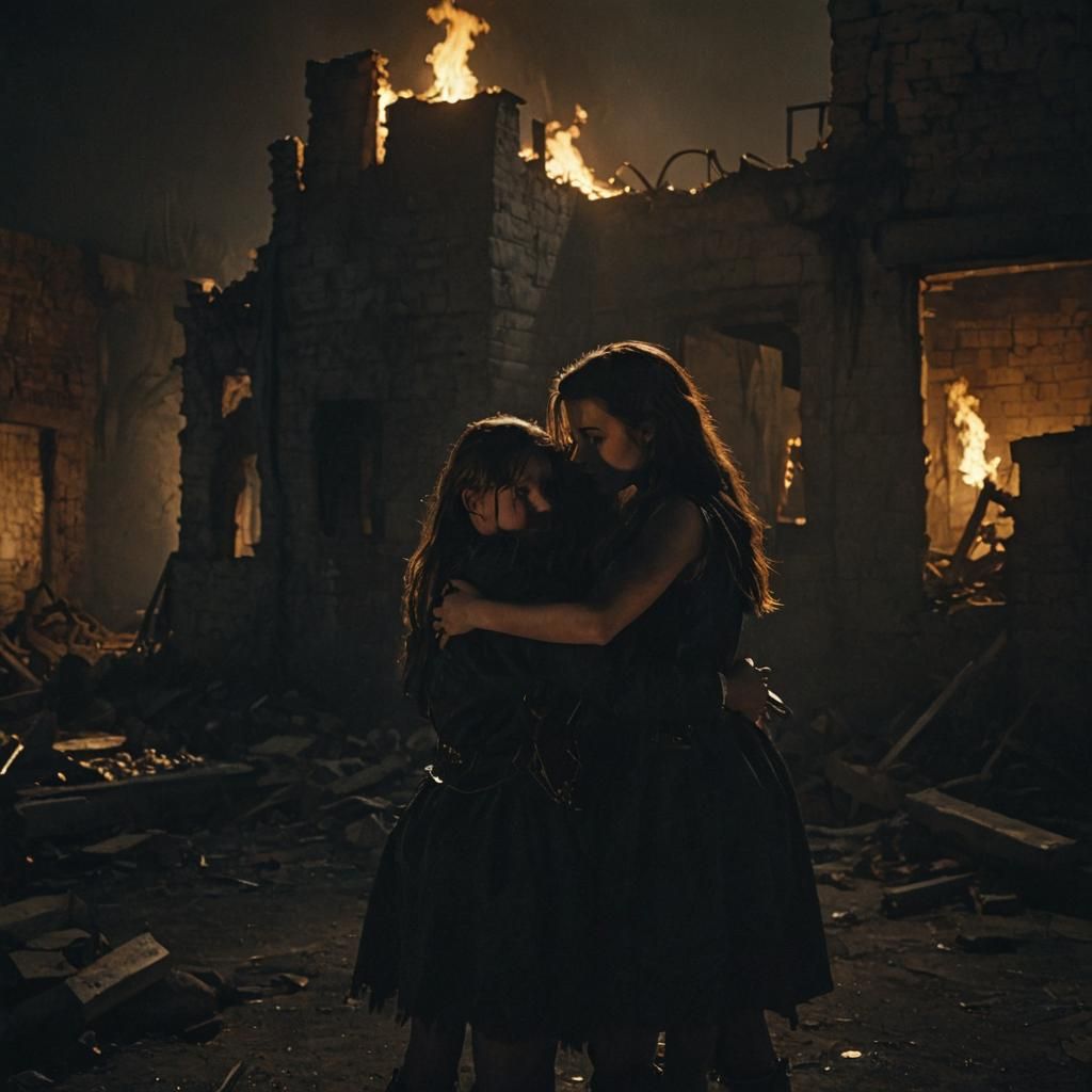 Eerie Embrace: Girls in Ruined Yard