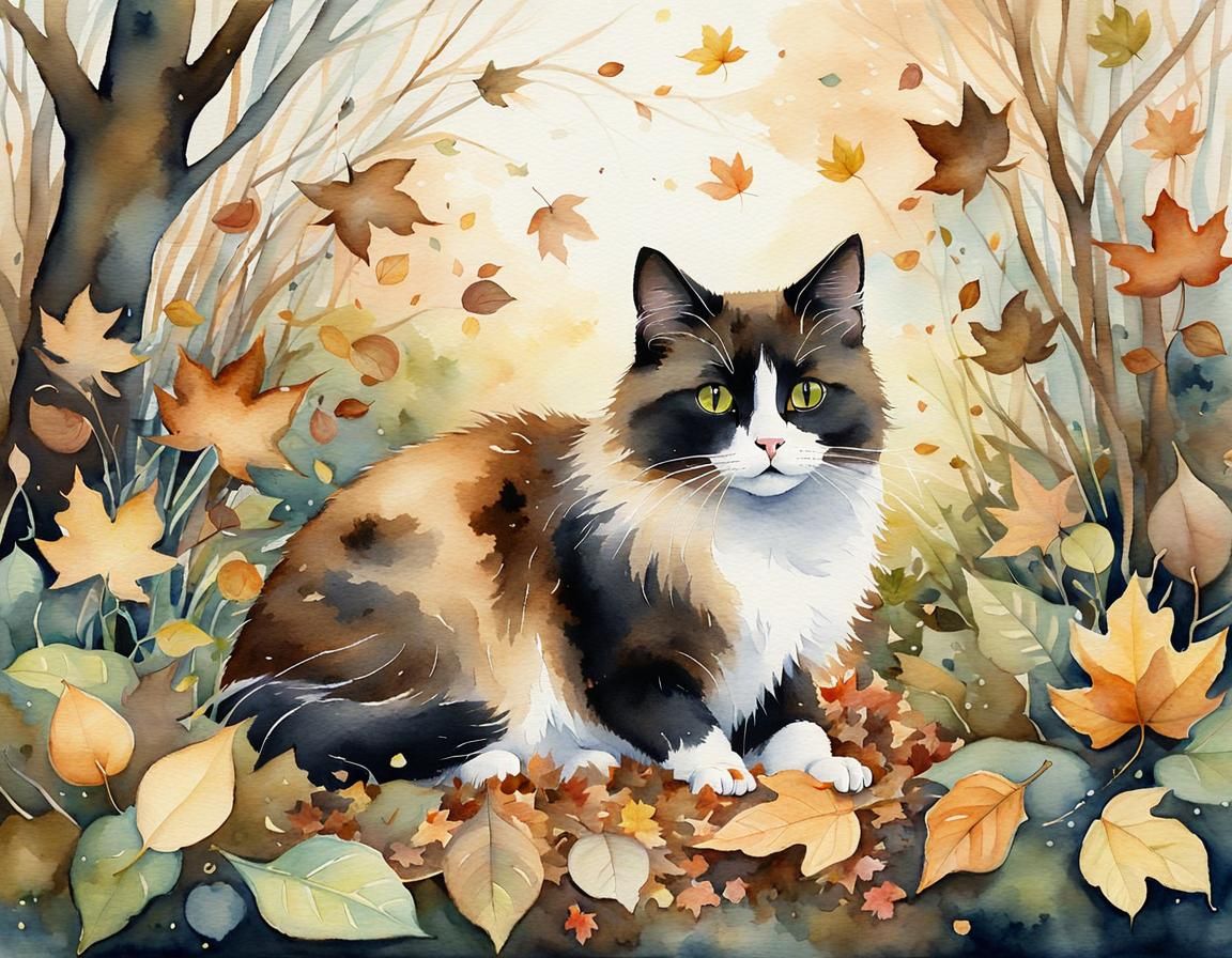 Whimsical Cat Playing in Garden, Watercolor Painting