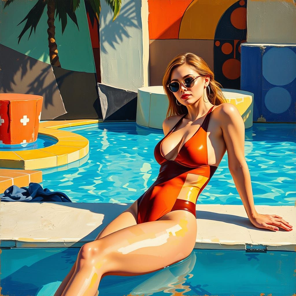 Surreal Summer Pool Scene in Vibrant Cubist Style