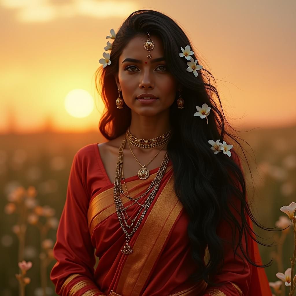 Elegant Hindu Woman in Silk Saree at Sunset