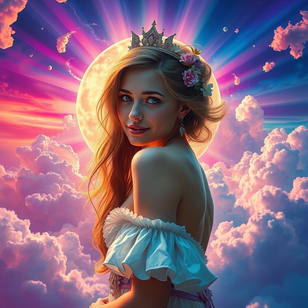 Surreal Maiden in Vibrant, Kaleidoscopic Landscape