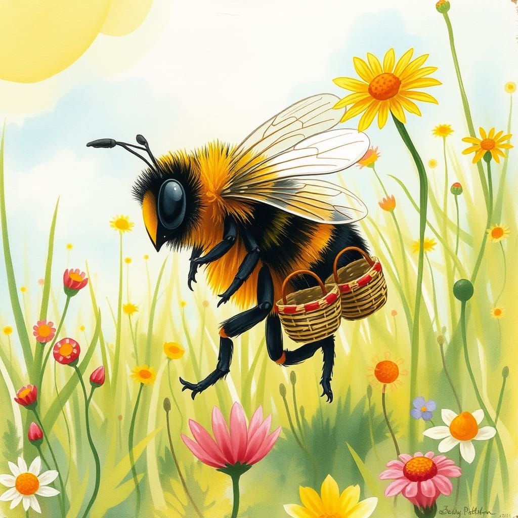 A Whimsical Bumble Bee's Meadow Adventure in Watercolor Styl...
