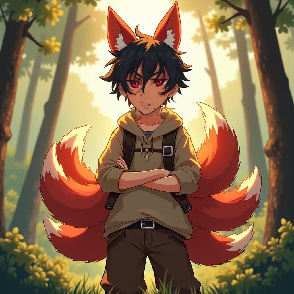 Anime Boy with Maroon Eyes and Fox Tails