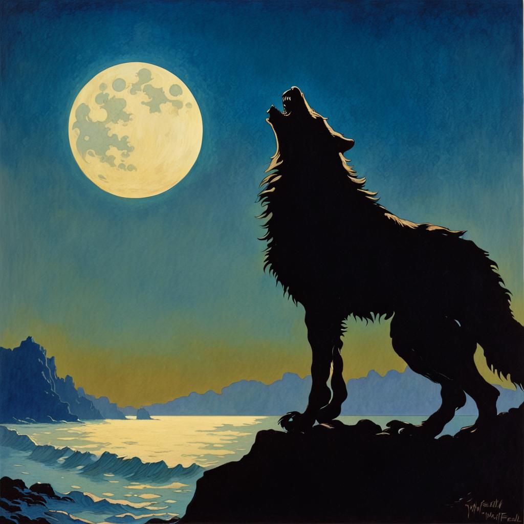 Howling Lycanthrope Silhouette on Moonlit Coast
