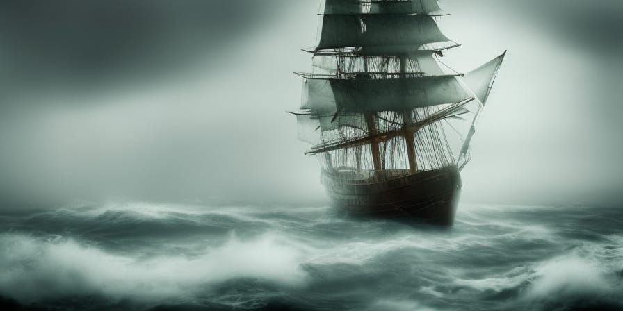 Cog Ship Adrift in Stormy Seas: Detailed Painting