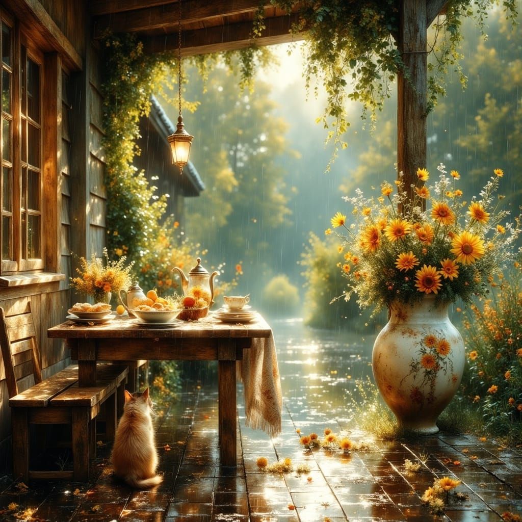 Summer Rain on Veranda with Kitten: Hyperrealistic Scene