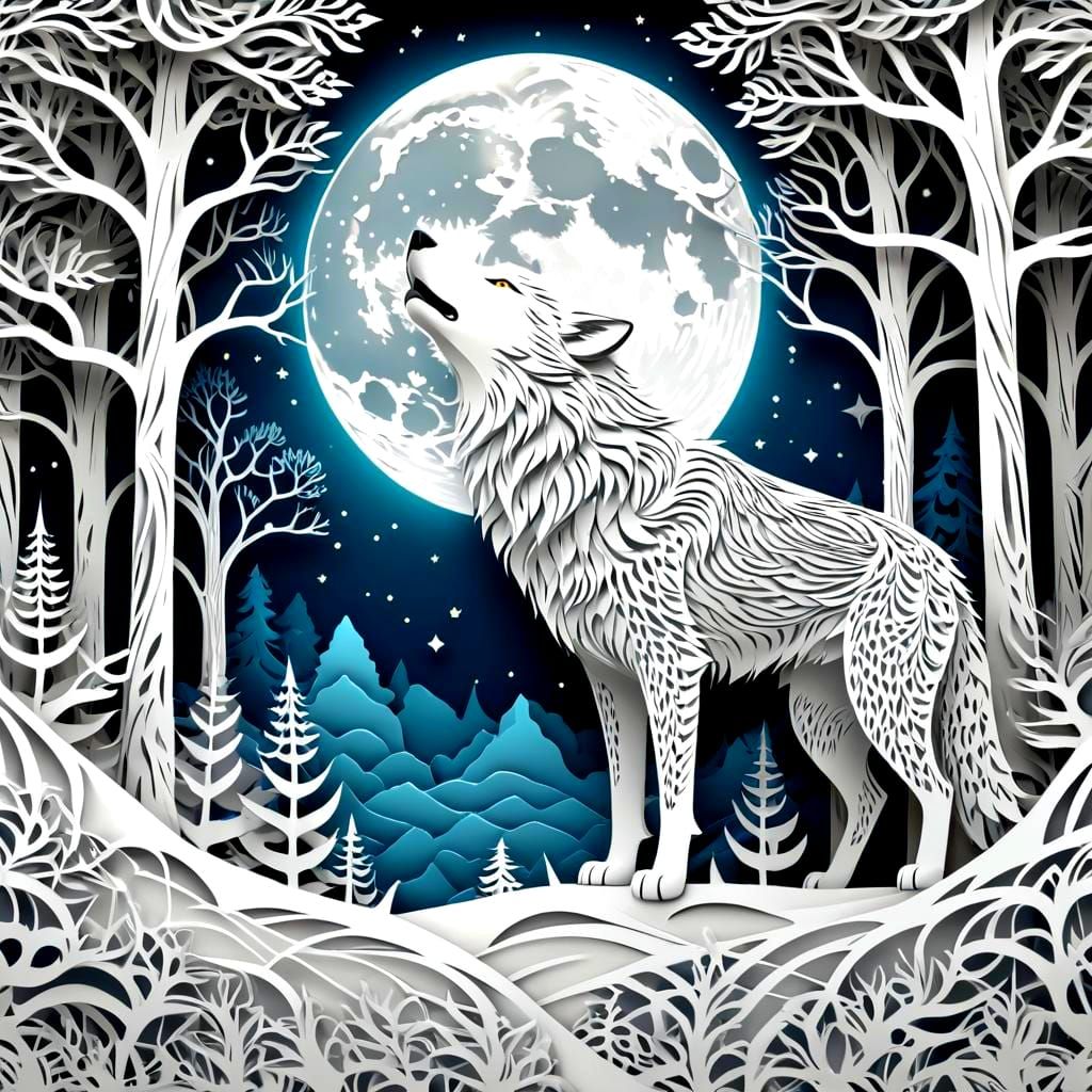 Kirigami Wolf Howling in Moonlit Forest