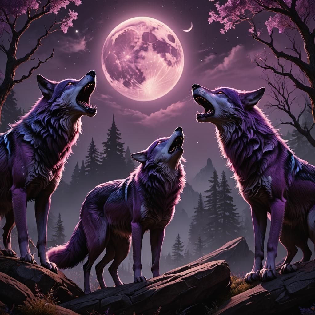 Three-Headed Purple Wolf Howling at Moon
