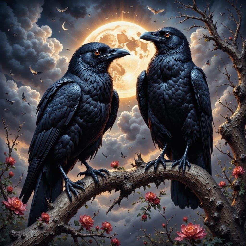 Odin's Ravens Hugin & Munin Perch on Ancient Oak