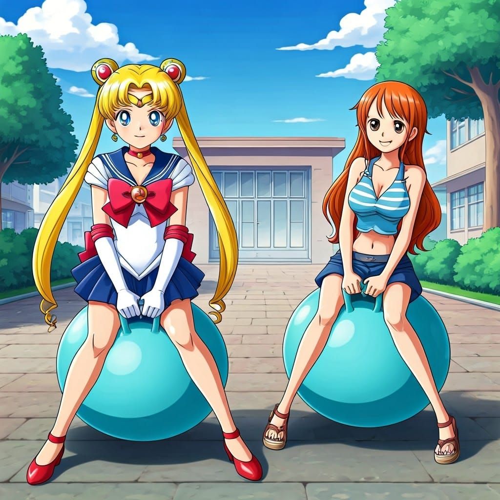 Sailor Moon and Nami Bouncing on Hopper Balls