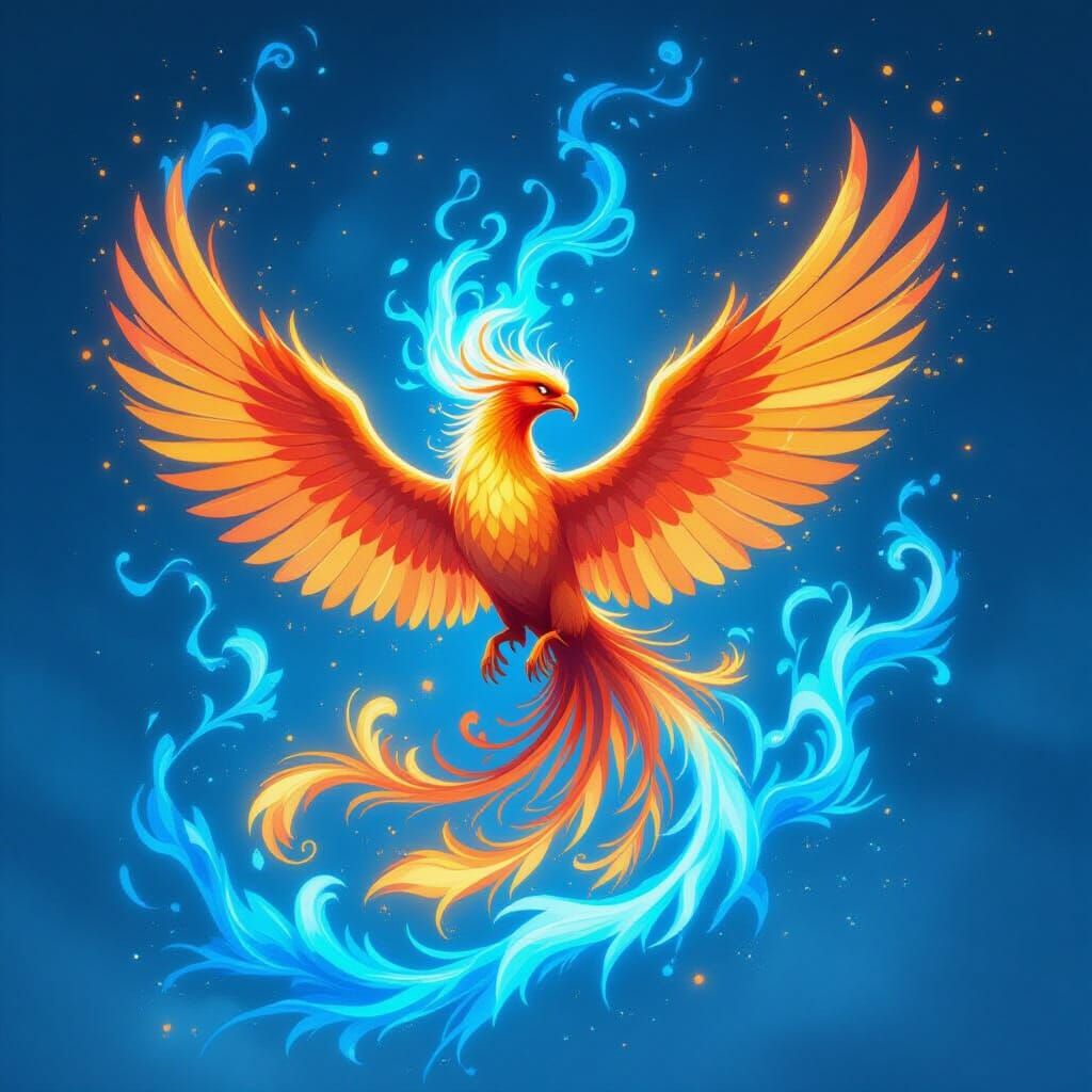 Blue Flame Phoenix in Miyazaki Style
