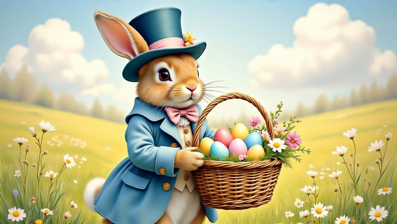 Whimsical Easter Bunny in a Beatrix Potter-Inspired Meadow