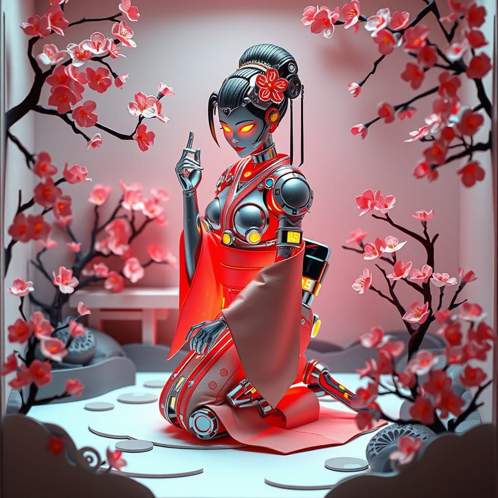 Cybernetic Geisha in Zen Garden Papercut Diorama