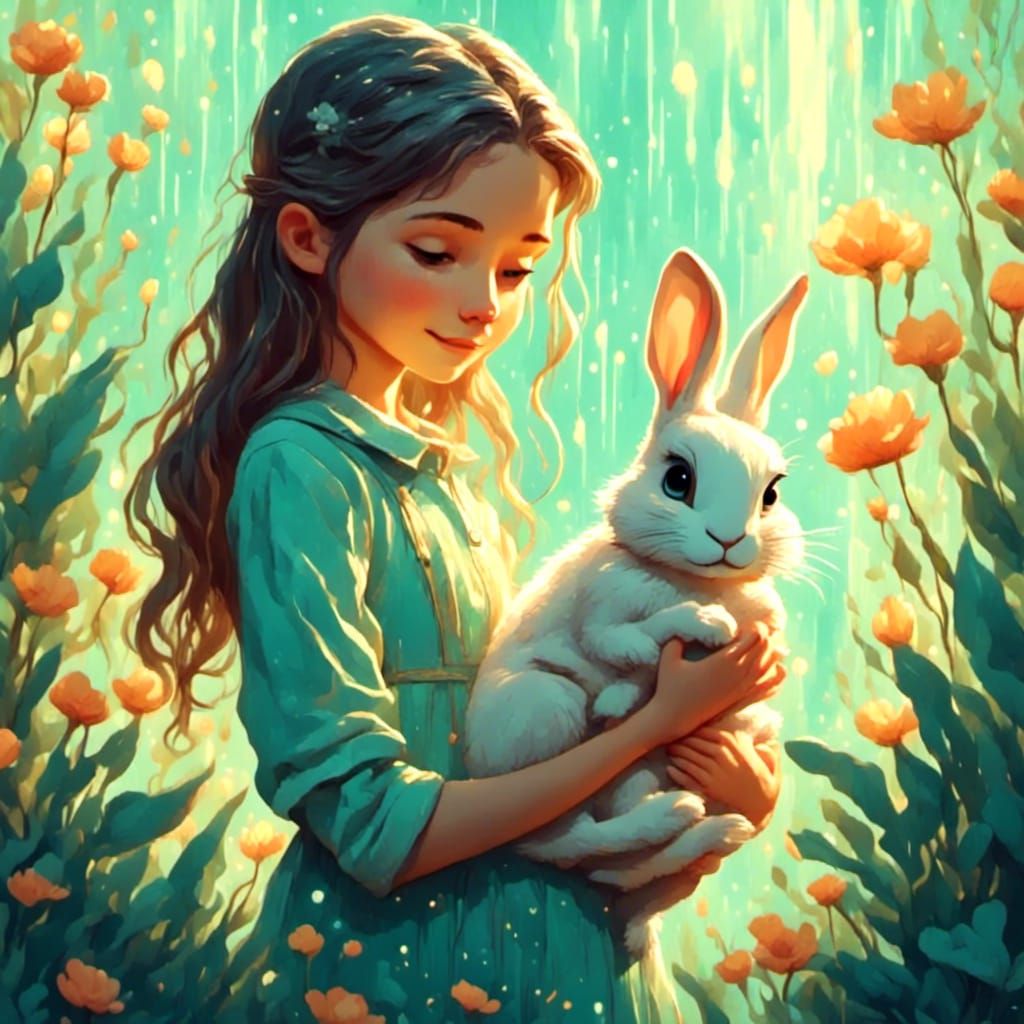 Girl with Rabbit in Watercolor Illustration Style