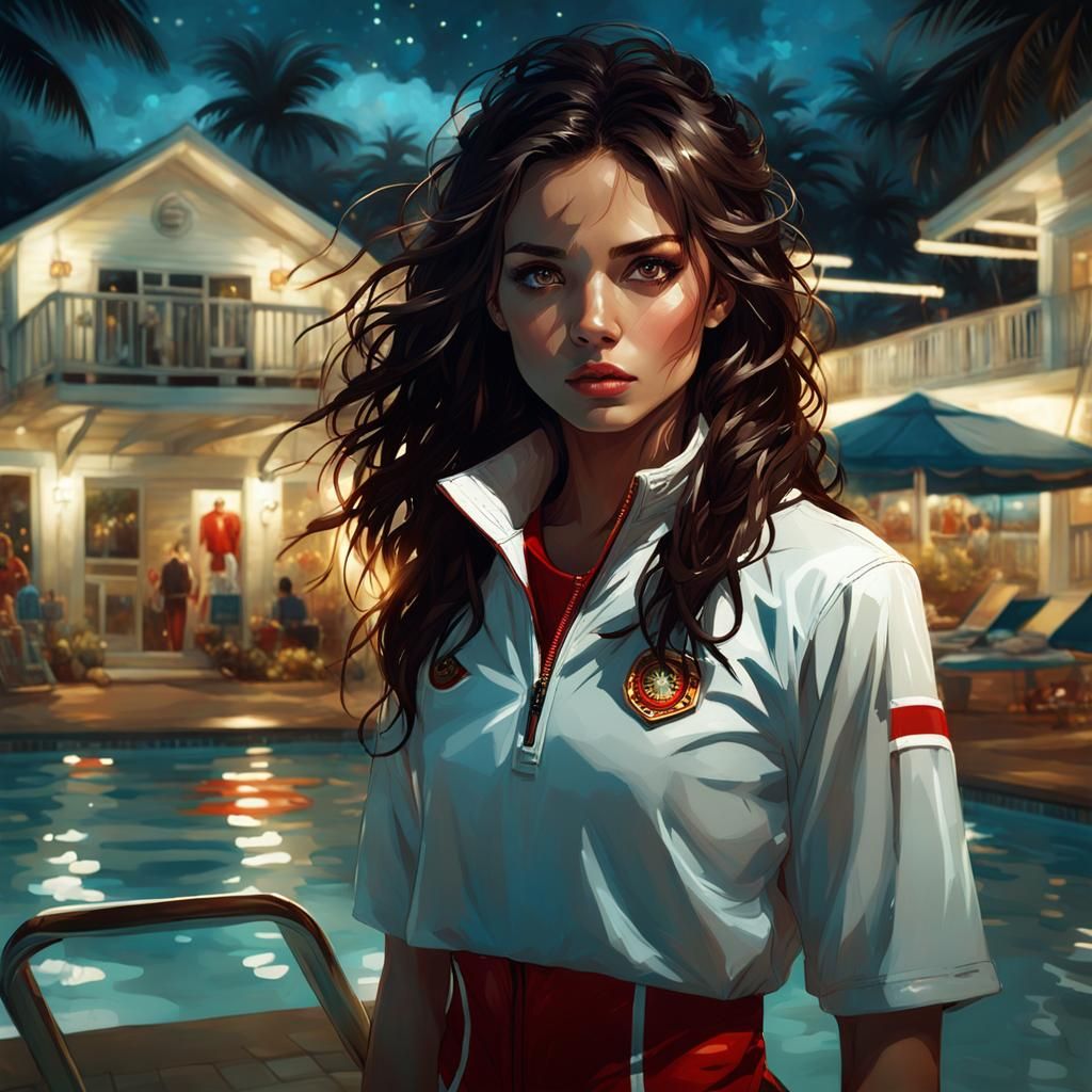 Night Pool: Female Lifeguard in Maximalist Style