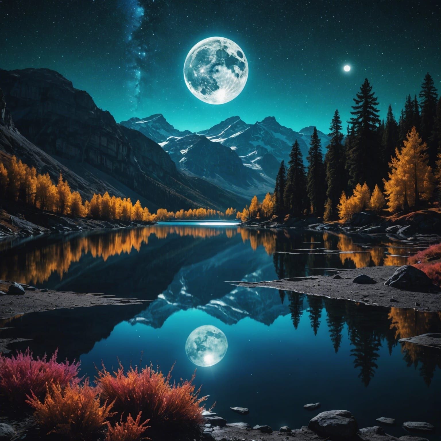 Cosmic Moonlit Lake in a Macabre Fantasy Scene