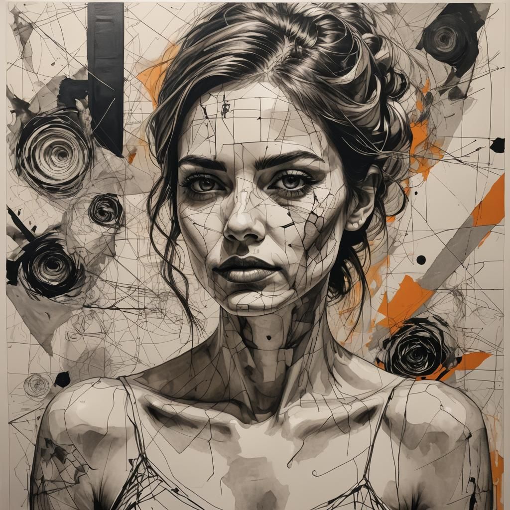 Hyperrealistic Woman with Abstract Sketch Background
