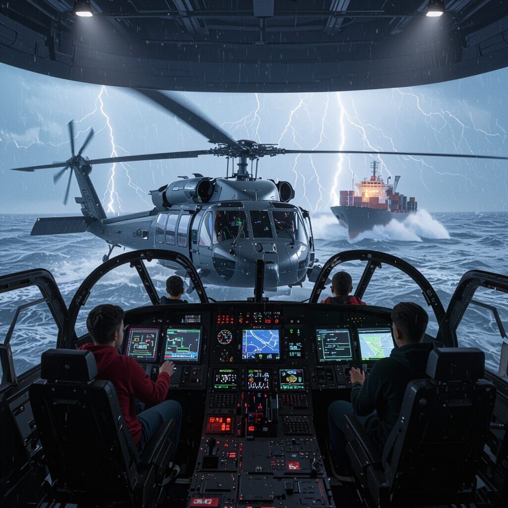 Hyper-Realistic MH-60 Jayhawk Helicopter in Dimly Lit Hangar