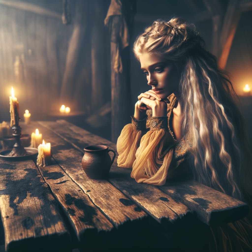 Norse Goddess in Tavern: Ink Splatter Watercolor