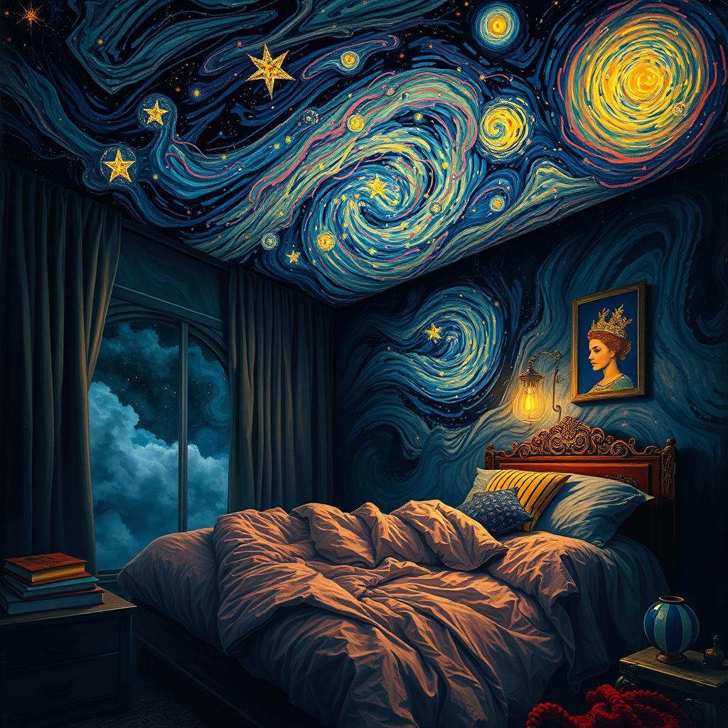Surreal Bedroom Scene with Starry Night Sky