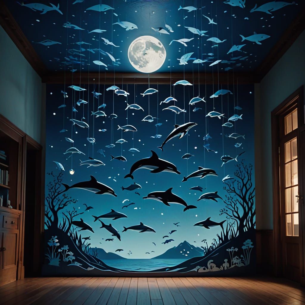 Moonlit Dolphin Mobile in a Calming Night Scene