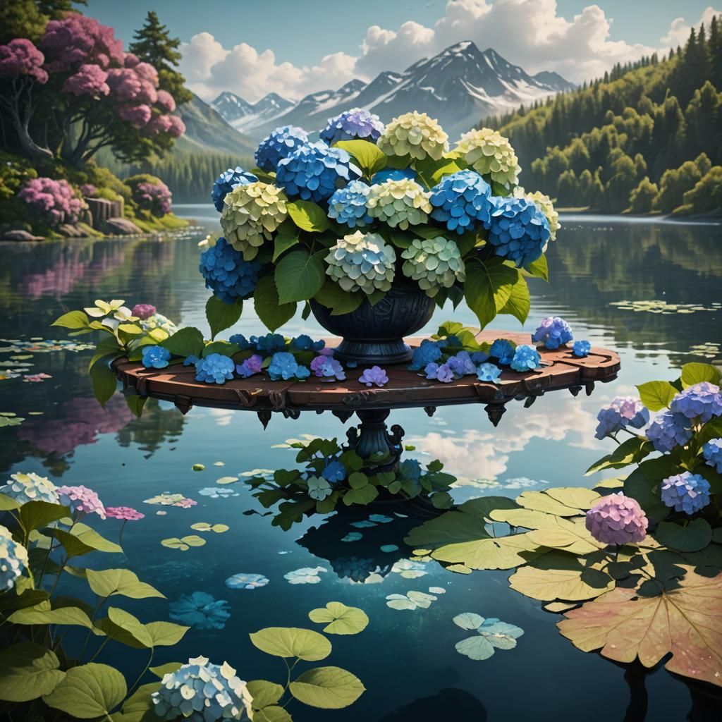 Hydrangea Bouquet on Floating Table: Detailed Matte Painting