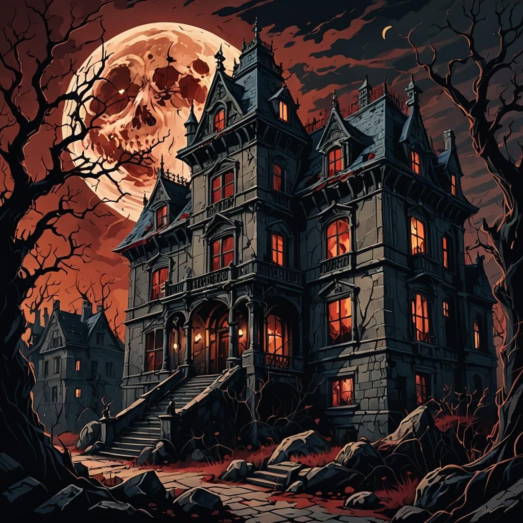 Gothic Horror Mansion Under Blood Moon