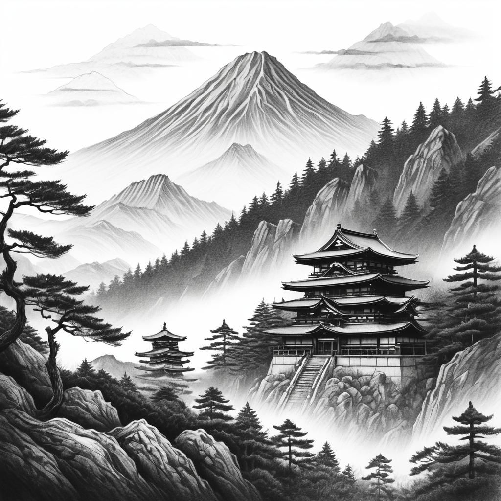 Japanese Mountain Landscape Fine-Line Drawing