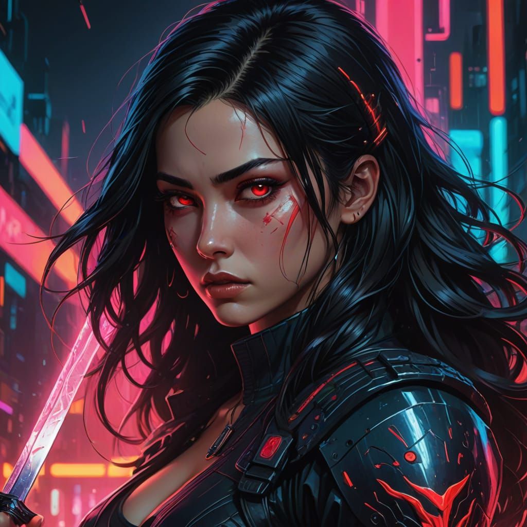 Surreal Cyberpunk Warrior Unveiled in Neon Retro Futurism