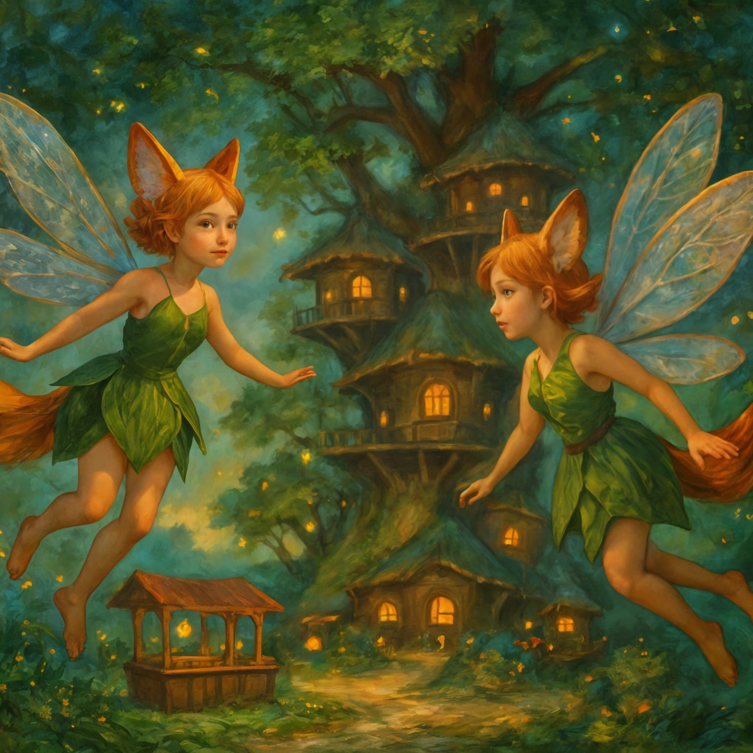 Fox Fairies Frame Magical Tree Village