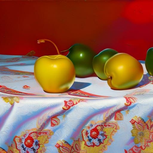 Crystal Cherries on Paisley Tablecloth at Sunrise